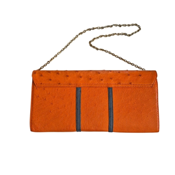 Orange & Gray Ostrich Leather Clutch Gold Chain Strap Sleek Design - Picture 2 of 12